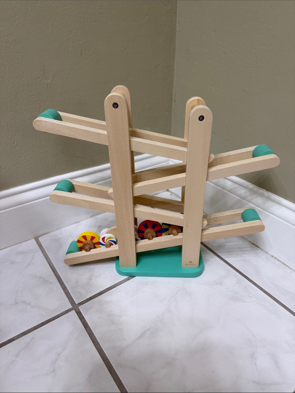 Wooden Marble Run with Teal Accents - Kids Learning Toy